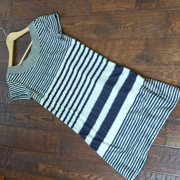 ANTHRO I Navy Blue & Ivory Cream Striped Haven Shift Dress by Maeve, S - Picture 4 of 14